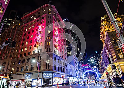 Night photography of Georges street with beautiful Christmas artwork sparkle light installation. Editorial Stock Photo